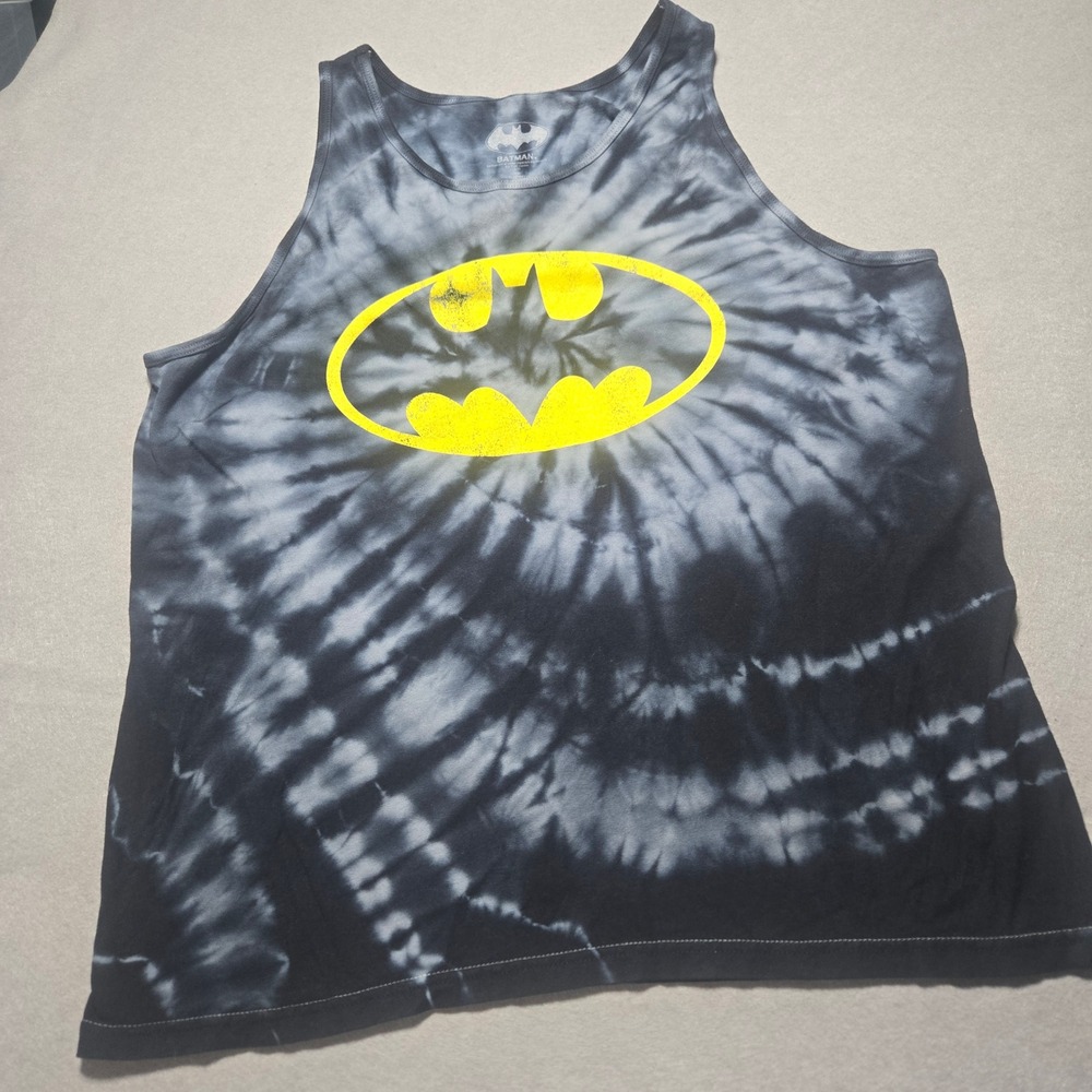 Batman Mens Tie Dye Graphic Tank Top Black Grey Yellow Logo Size L Large